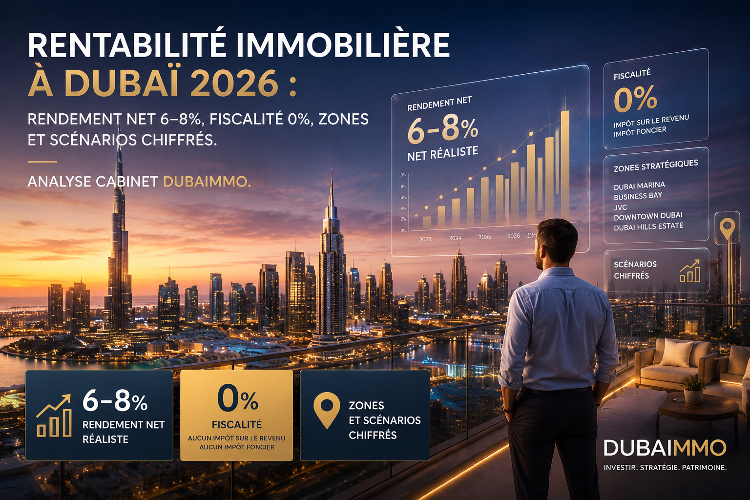 Analyse de la rentabilité immobilière à Dubaï en 2026 avec rendement net réaliste de 6 à 8%, fiscalité 0%, zones stratégiques et scénarios d’investissement par DUBAIMMO.