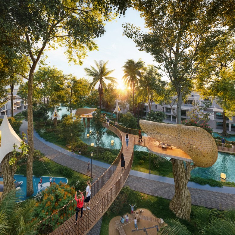 Passerelle en bois et espaces perchés au-dessus du lagoon naturel de Dubai Islands Phase 2