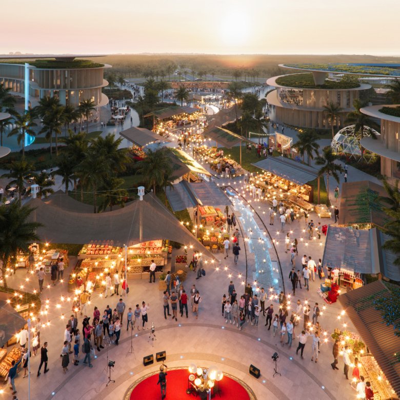 Marché nocturne animé à Dubai Islands Phase 2 au coucher du soleil avec commerces et style resort