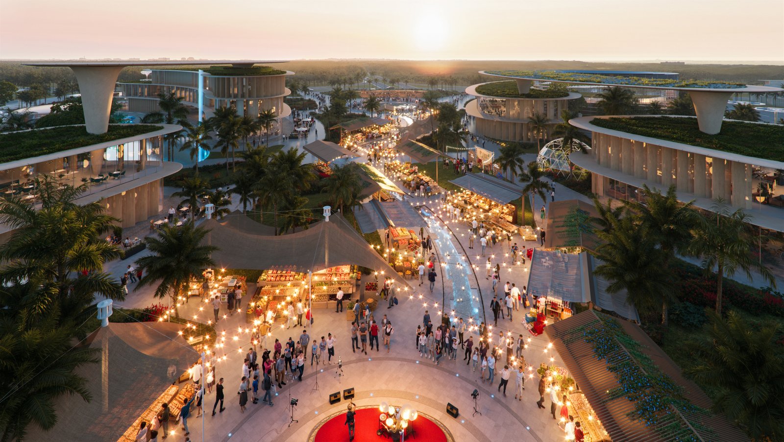 Marché nocturne animé à Dubai Islands Phase 2 au coucher du soleil avec commerces et style resort