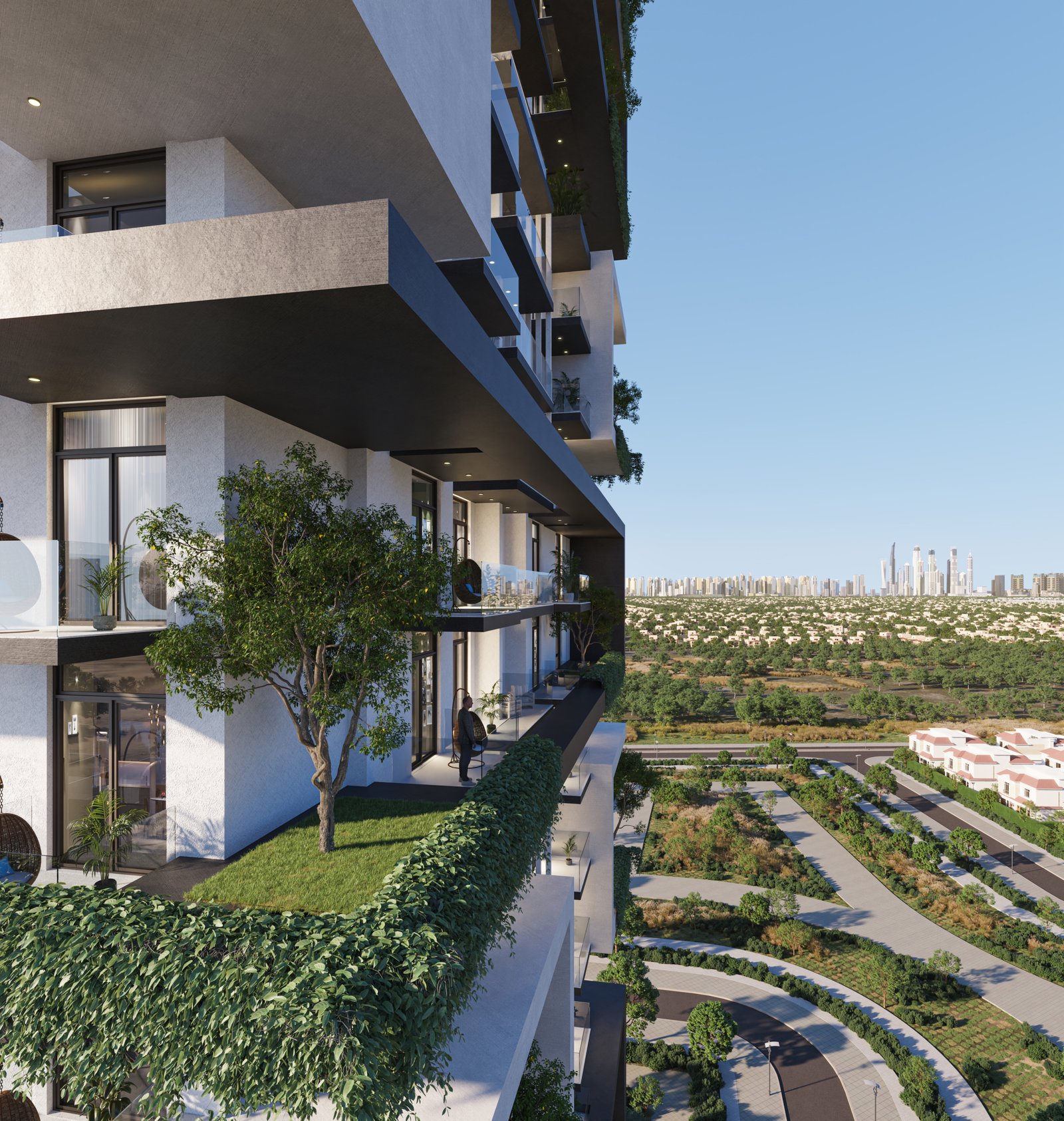 Balcons végétalisés de Treppan Tower JVT avec vue dégagée sur Dubai skyline