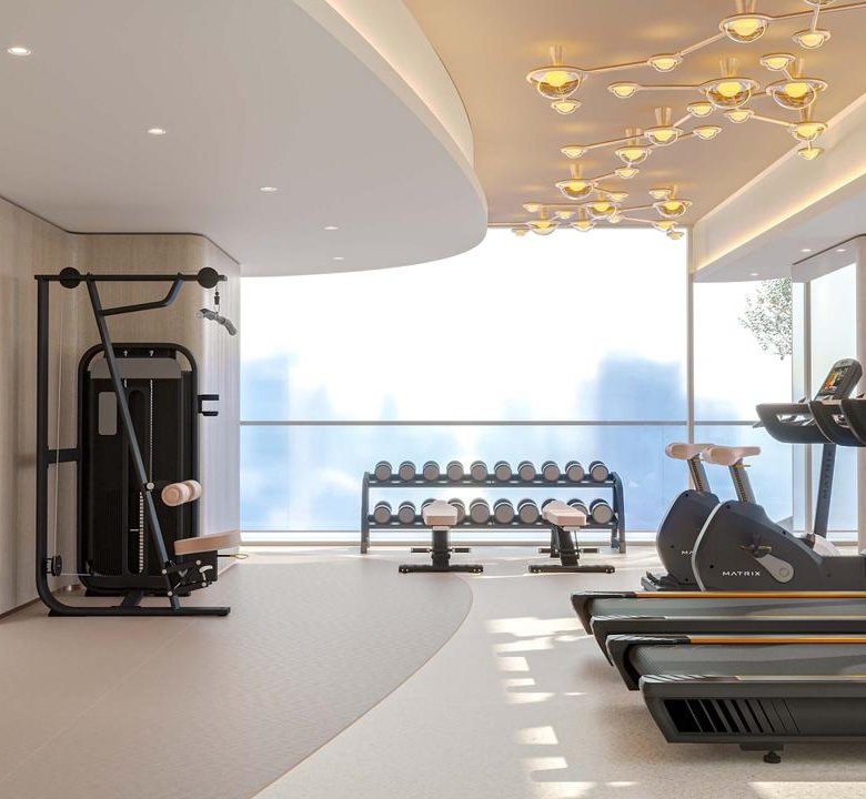 Salle de sport équipée avec vue panoramique au projet Cybel by Wadan à Dubai Land Residence Complex
