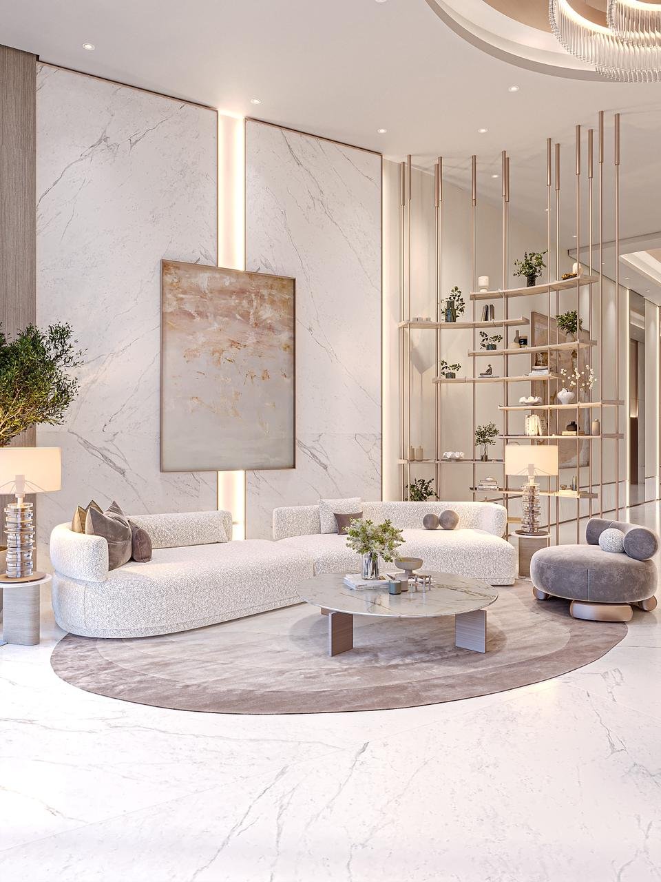 Espace lounge et salon moderne dans Cybel by Wadan à DubaiLand Residence Complex avec mobilier haut de gamme