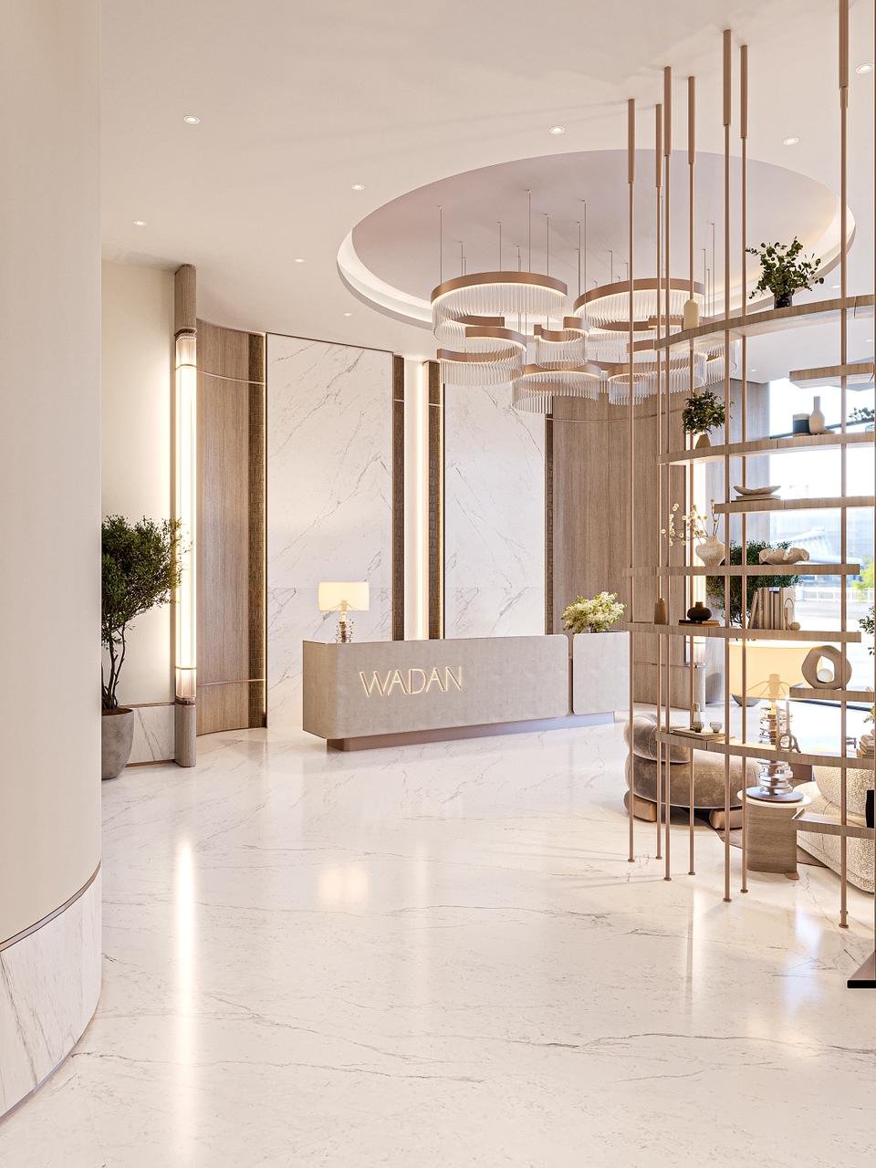 Lobby lumineux et moderne du projet Cybel by Wadan à DubaiLand Residence Complex avec réception et design contemporain