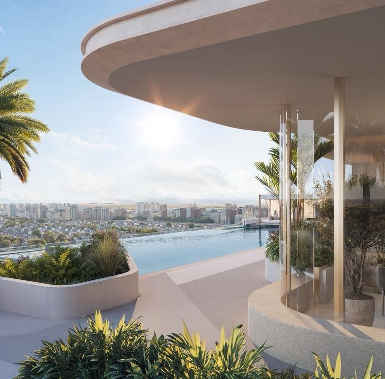 Terrasse rooftop du projet Cybel by Wadan avec piscine à débordement et vue dégagée sur Dubai Land