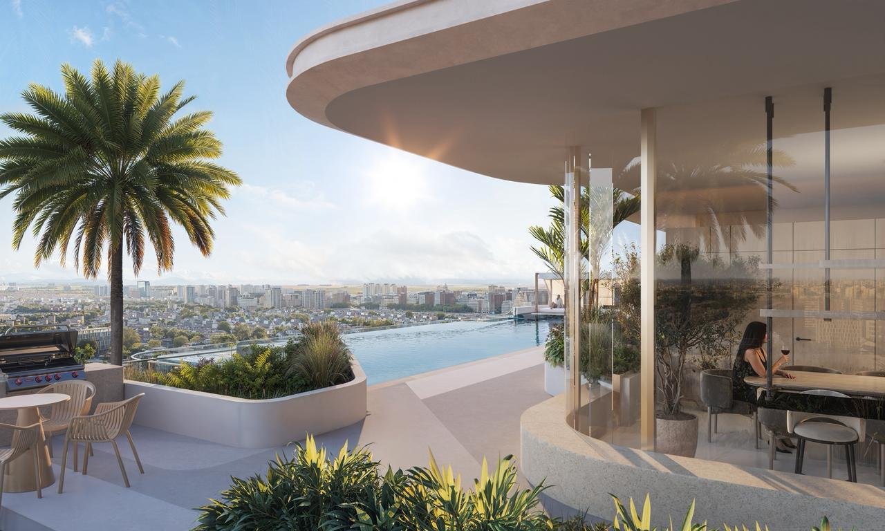 Terrasse rooftop du projet Cybel by Wadan avec piscine à débordement et vue dégagée sur Dubai Land