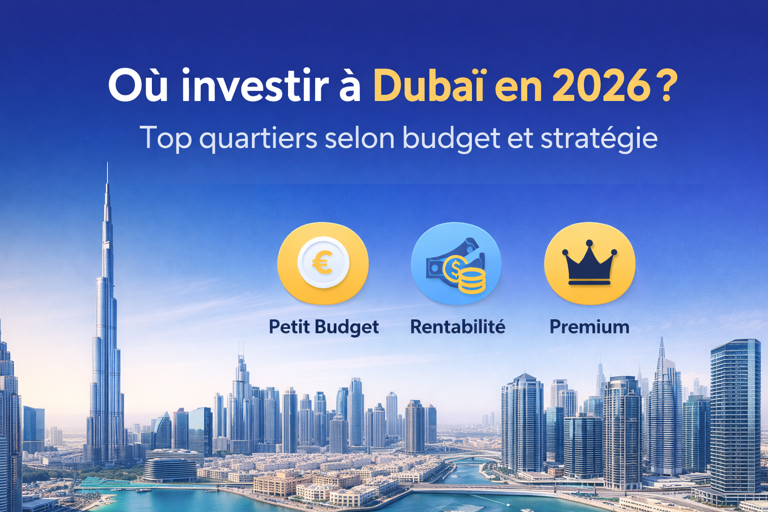 Illustration présentant Où investir à Dubaï en 2026 avec les meilleurs quartiers selon budget et stratégie.