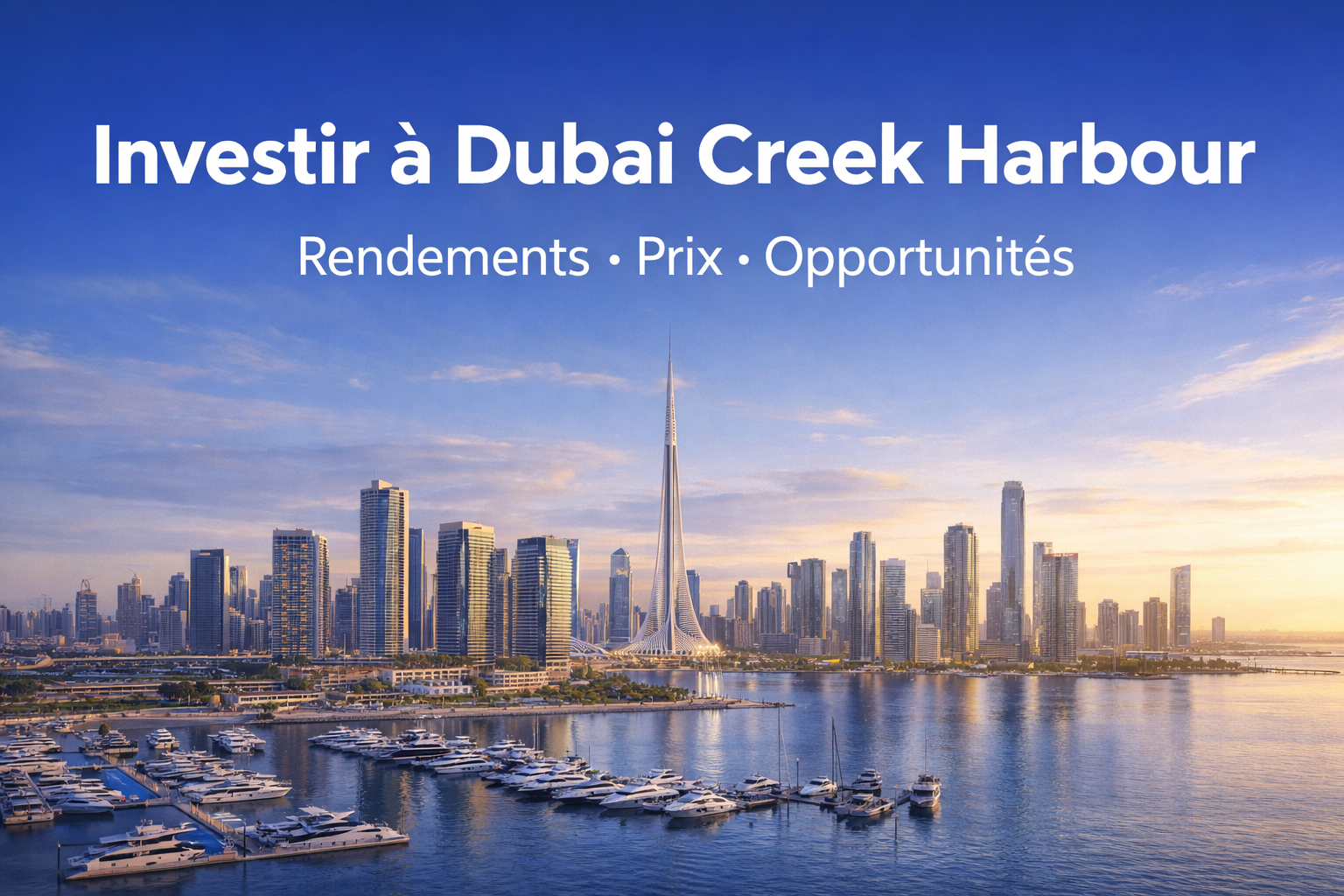 Vue aérienne de Dubai Creek Harbour au coucher du soleil avec skyline et marina – quartier prisé pour investir à Dubaï en 2026