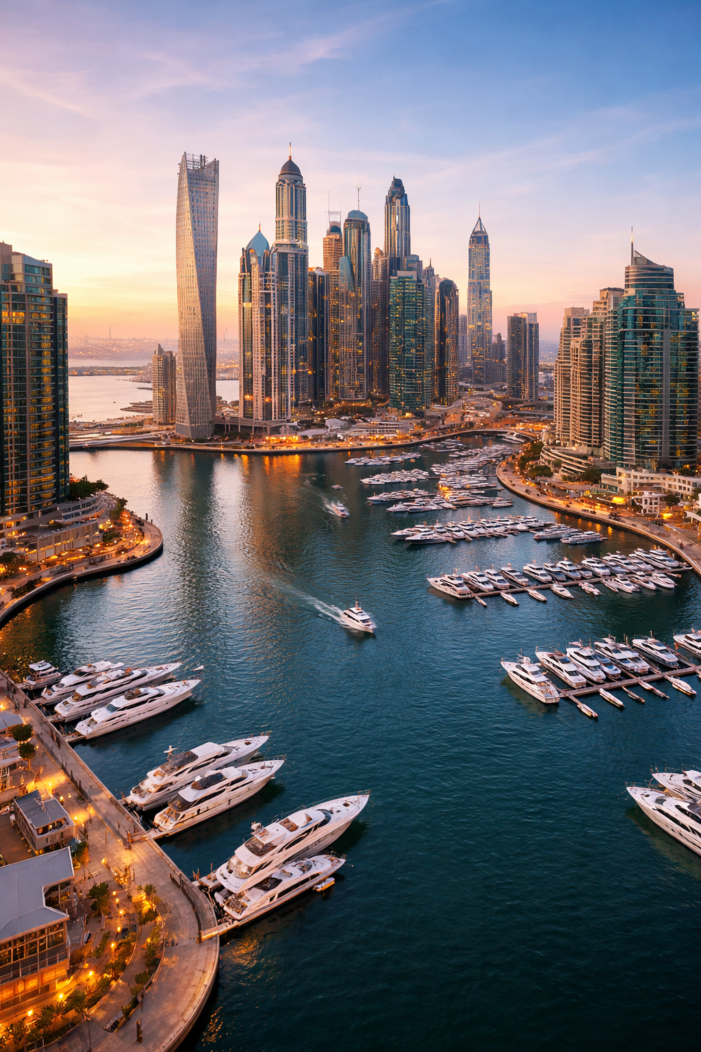 Vue panoramique de Dubai Marina avec gratte-ciel et yachts, quartier prisé pour investir en immobilier en 2026