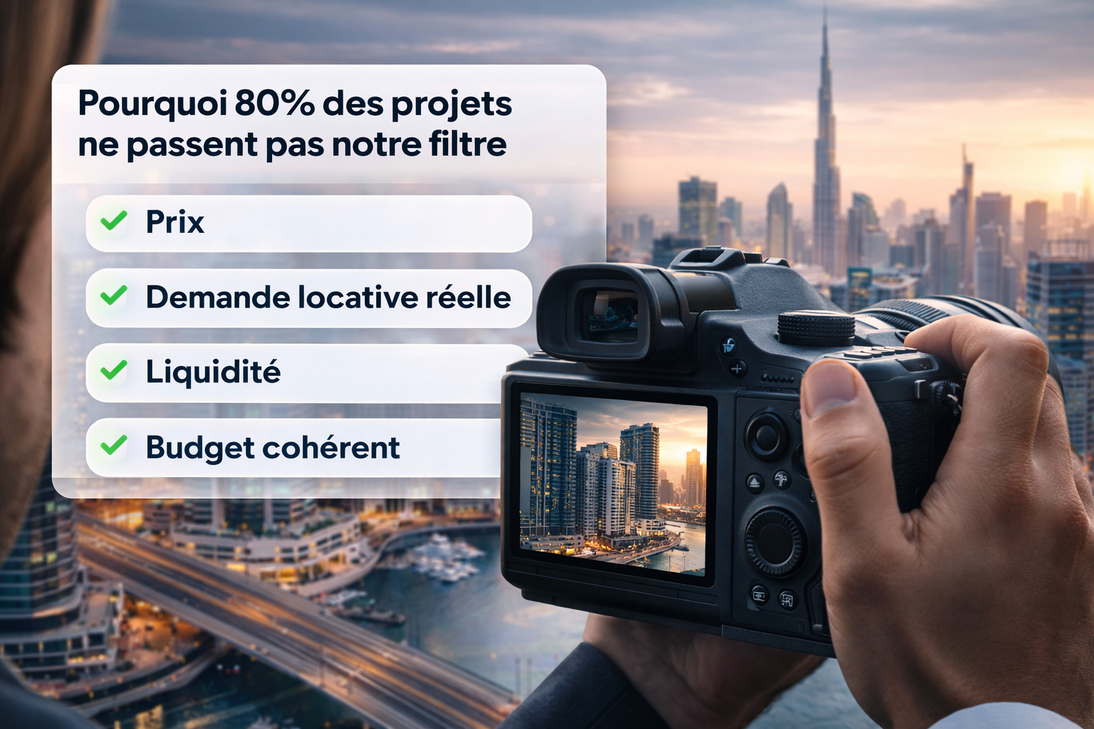 Analyse d’un projet immobilier à Dubaï avec vue sur la skyline, sélection d’investissement premium