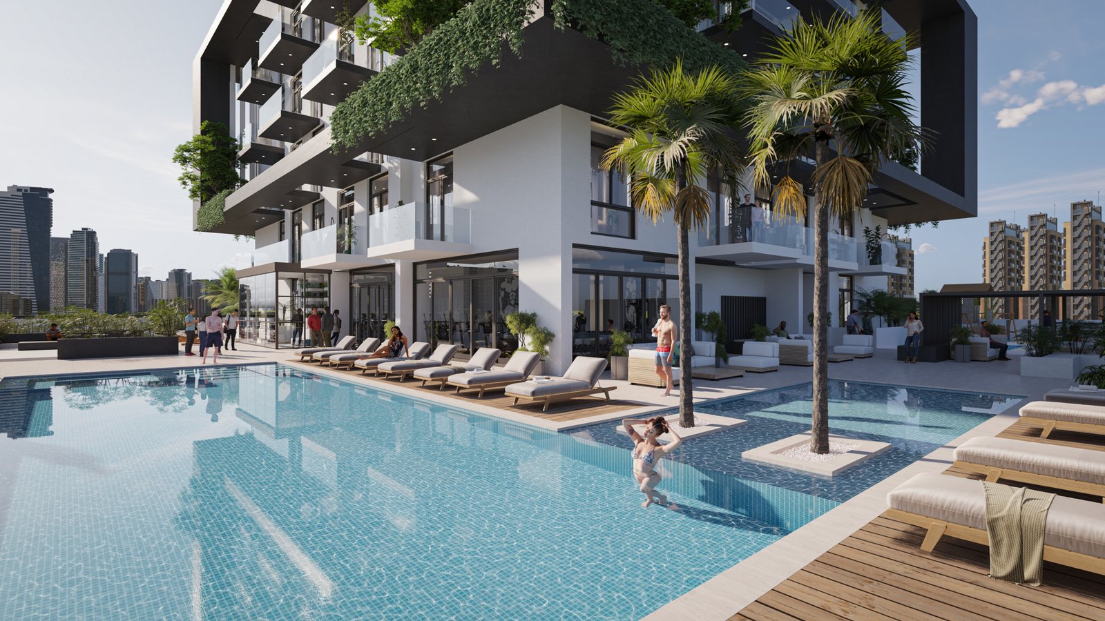 Piscine extérieure moderne du projet Treppan Tower JVT avec transats, palmiers et espaces lounge dans une résidence haut de gamme à Dubaï