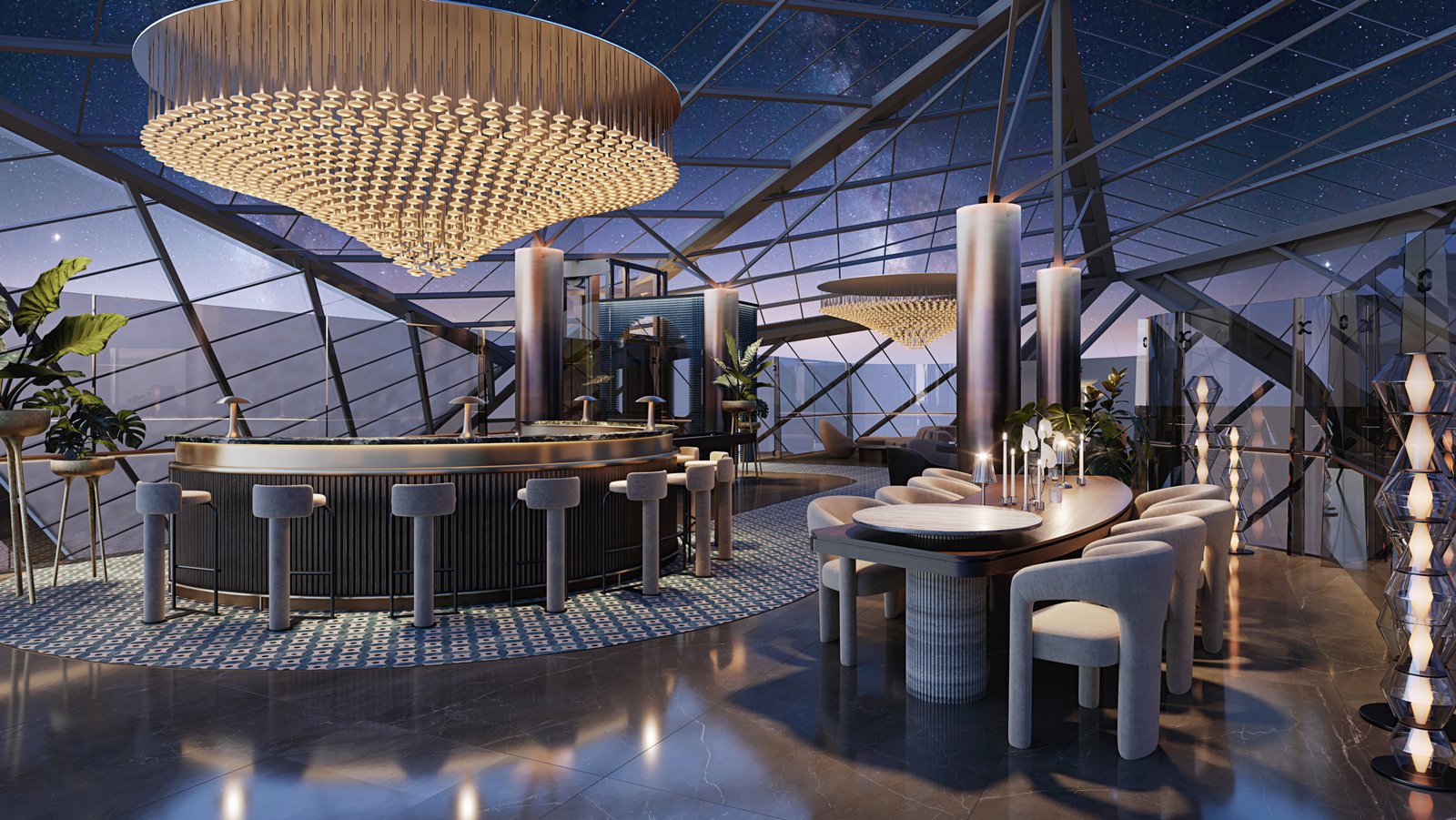 Clubhouse nocturne raffiné à Portside by Ellington avec bar design et espace lounge