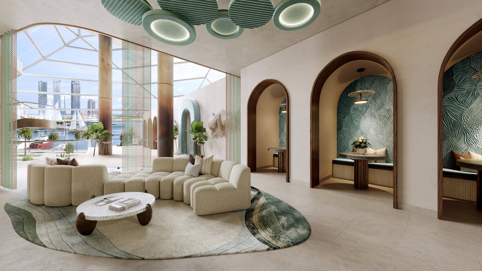 Espace co-working élégant et lumineux à Portside by Ellington avec alcôves et lounge