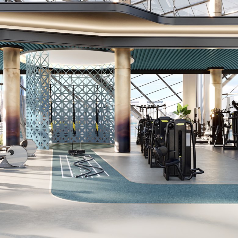 Studio de fitness moderne avec équipements et vue panoramique à Portside by Ellington Mina Rashid