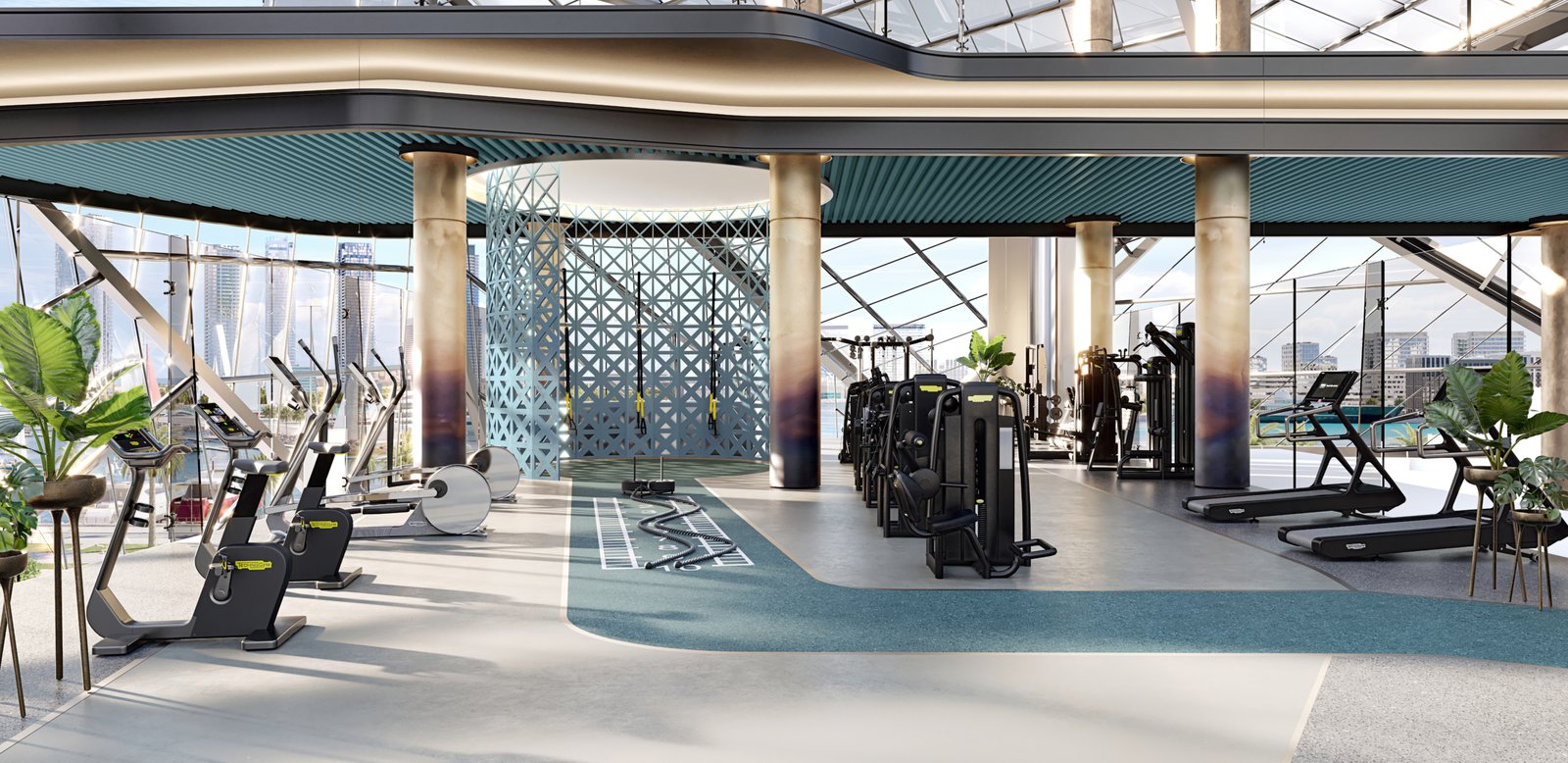 Studio de fitness moderne avec équipements et vue panoramique à Portside by Ellington Mina Rashid