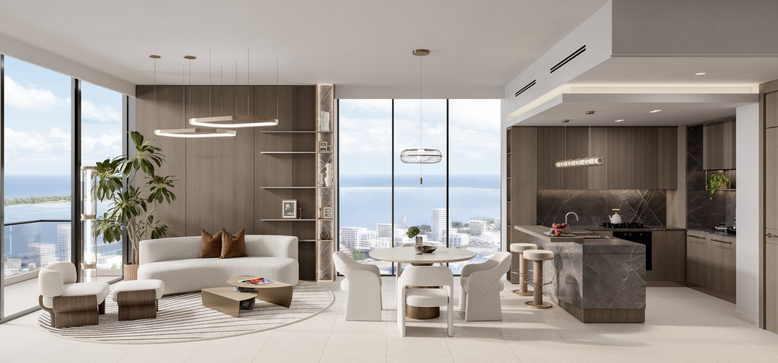 Salon moderne et salle à manger de Portside by Ellington avec vue sur la mer à Mina Rashid