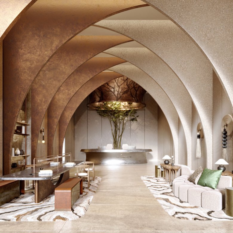 Entrée résidentielle de Portside by Ellington à Mina Rashid avec façade moderne et jardins paysagers