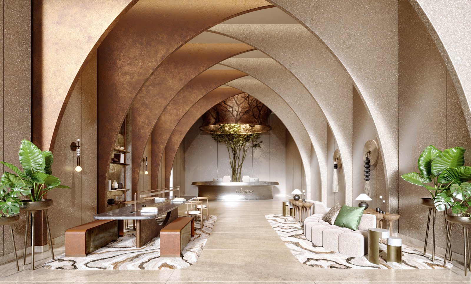 Entrée résidentielle de Portside by Ellington à Mina Rashid avec façade moderne et jardins paysagers