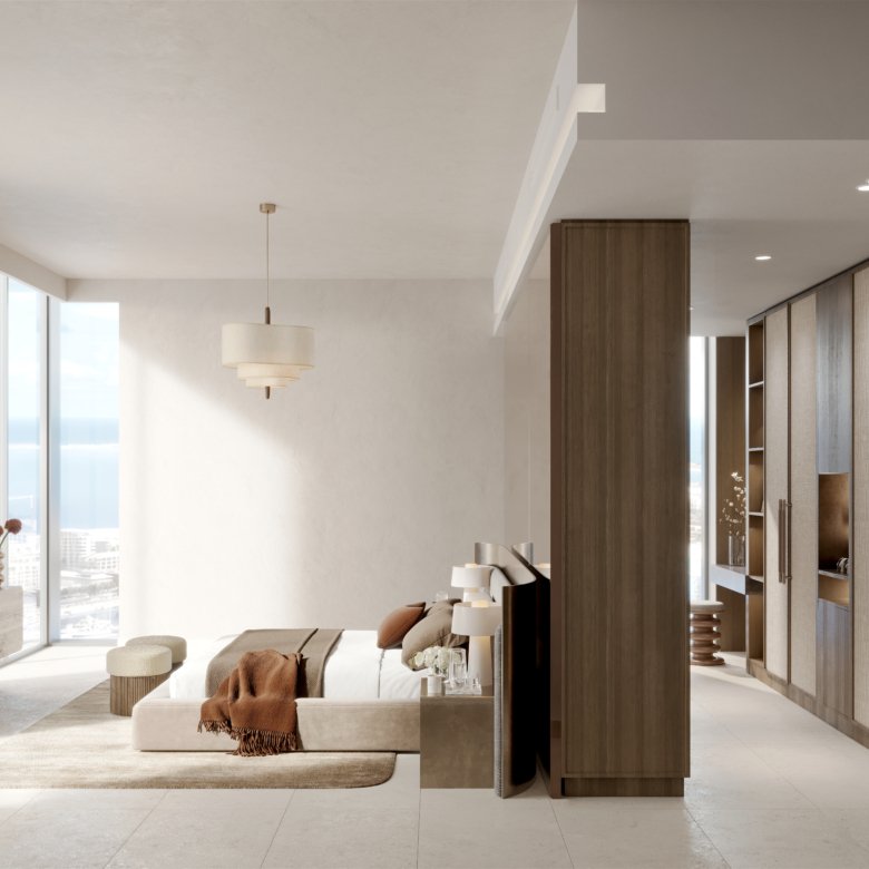 Chambre principale avec dressing moderne à Portside by Ellington à Mina Rashid