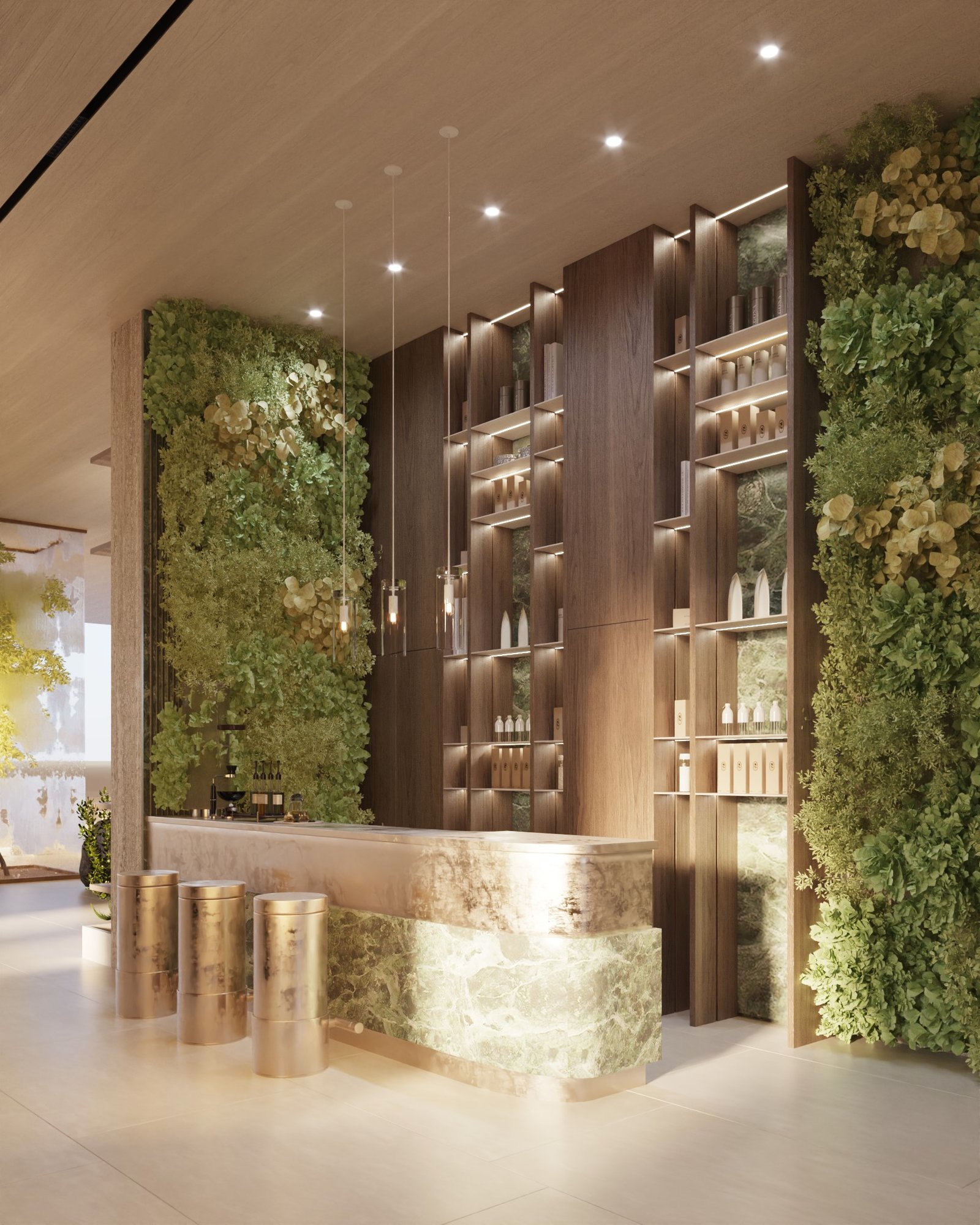 Lobby wellness du Treppan Tower à JVT avec mur végétal, design naturel, espace lounge premium et ambiance bien-être