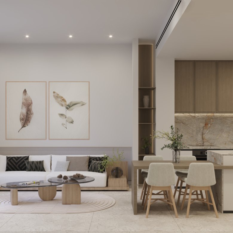 Espace de vie moderne dans Treppan Tower JVT avec salon, salle à manger et cuisine équipée au design contemporain