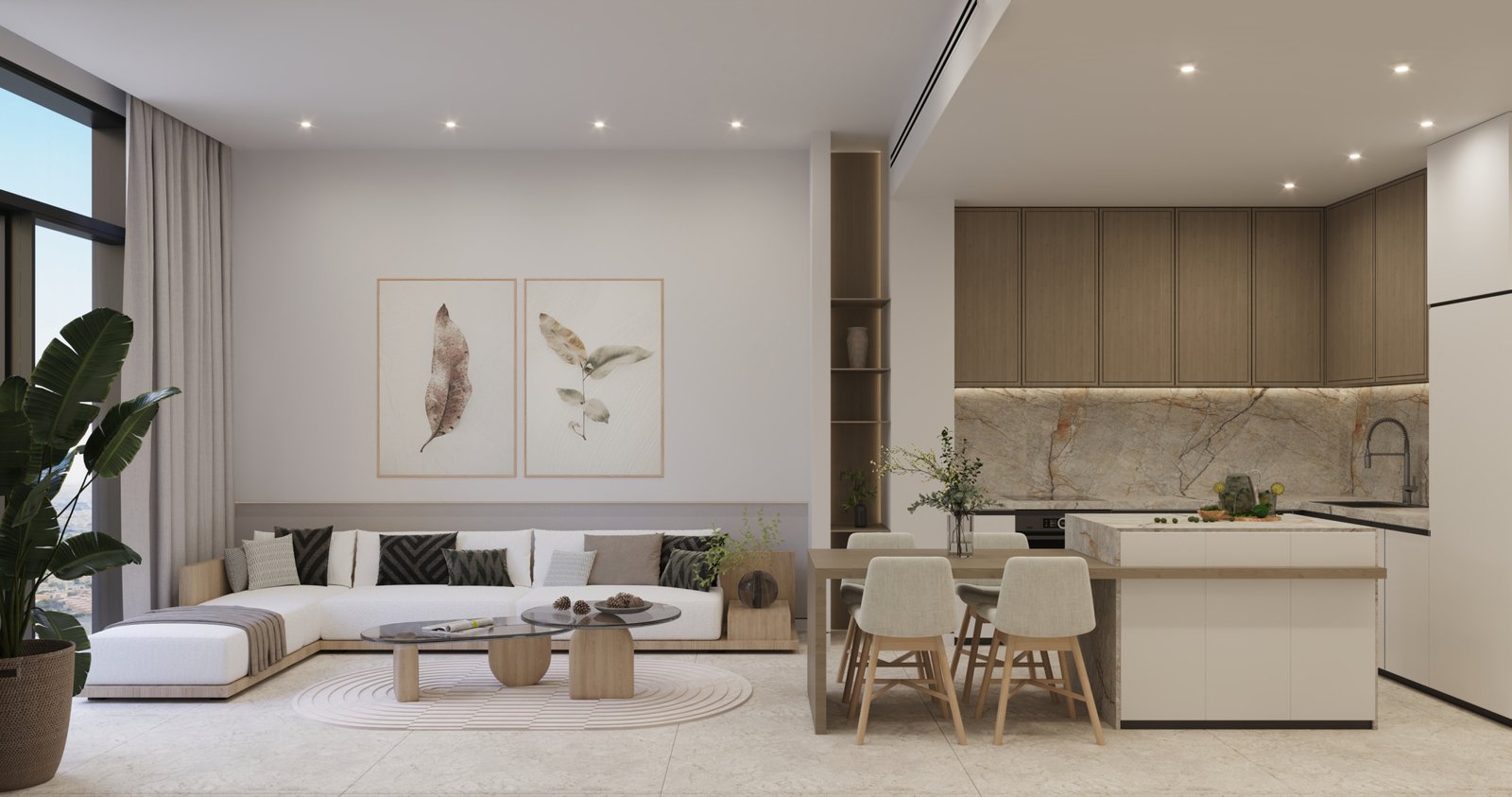 Espace de vie moderne dans Treppan Tower JVT avec salon, salle à manger et cuisine équipée au design contemporain