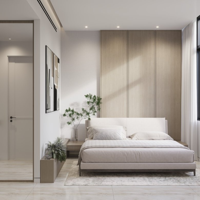 Chambre principale moderne et lumineuse dans Treppan Tower JVT avec grandes fenêtres, rangements intégrés et décoration minimaliste