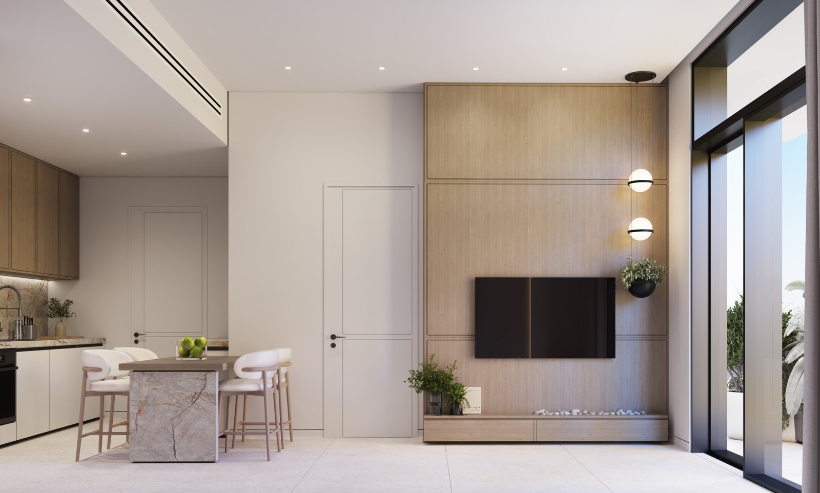 Salon et cuisine modernes de Treppan Tower JVT avec finitions haut de gamme et grandes baies vitrées