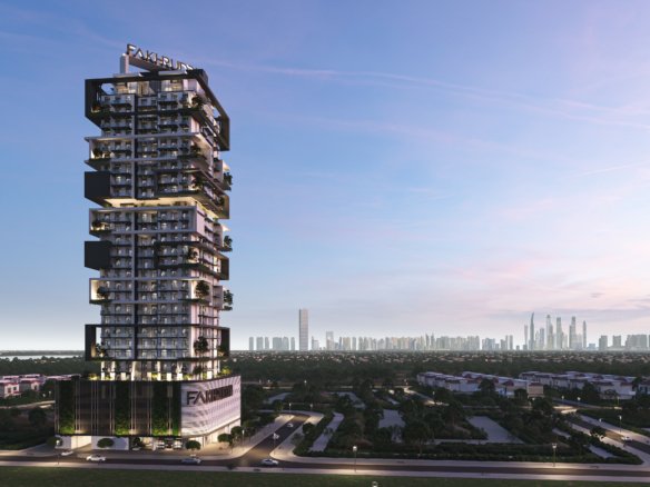 Façade de Treppan Tower à Jumeirah Village Triangle avec vue skyline Dubai