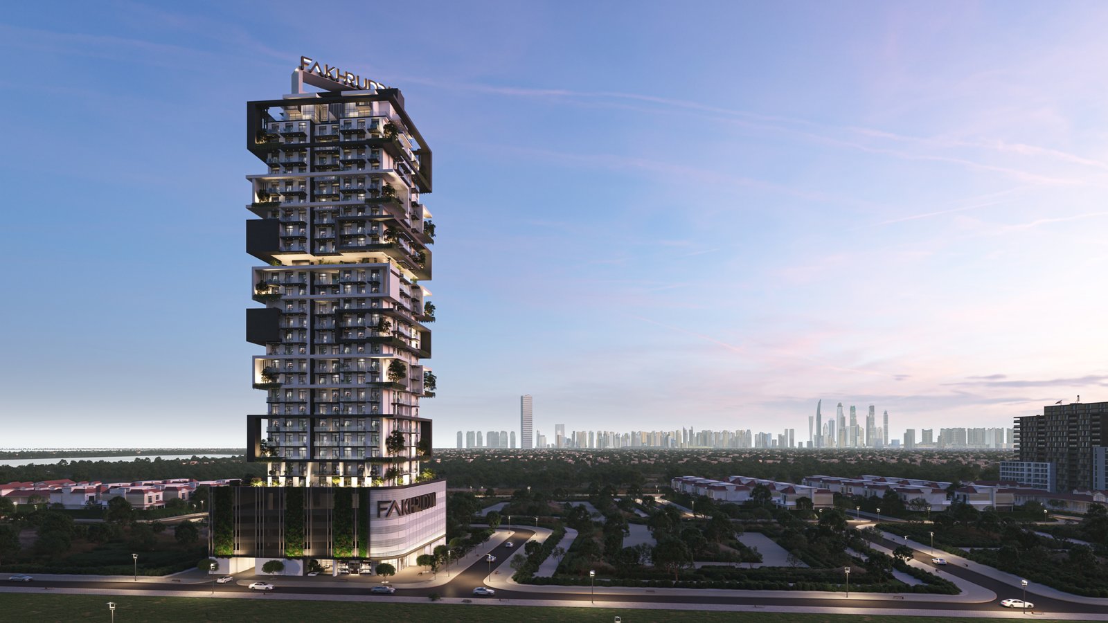 Façade de Treppan Tower à Jumeirah Village Triangle avec vue skyline Dubai