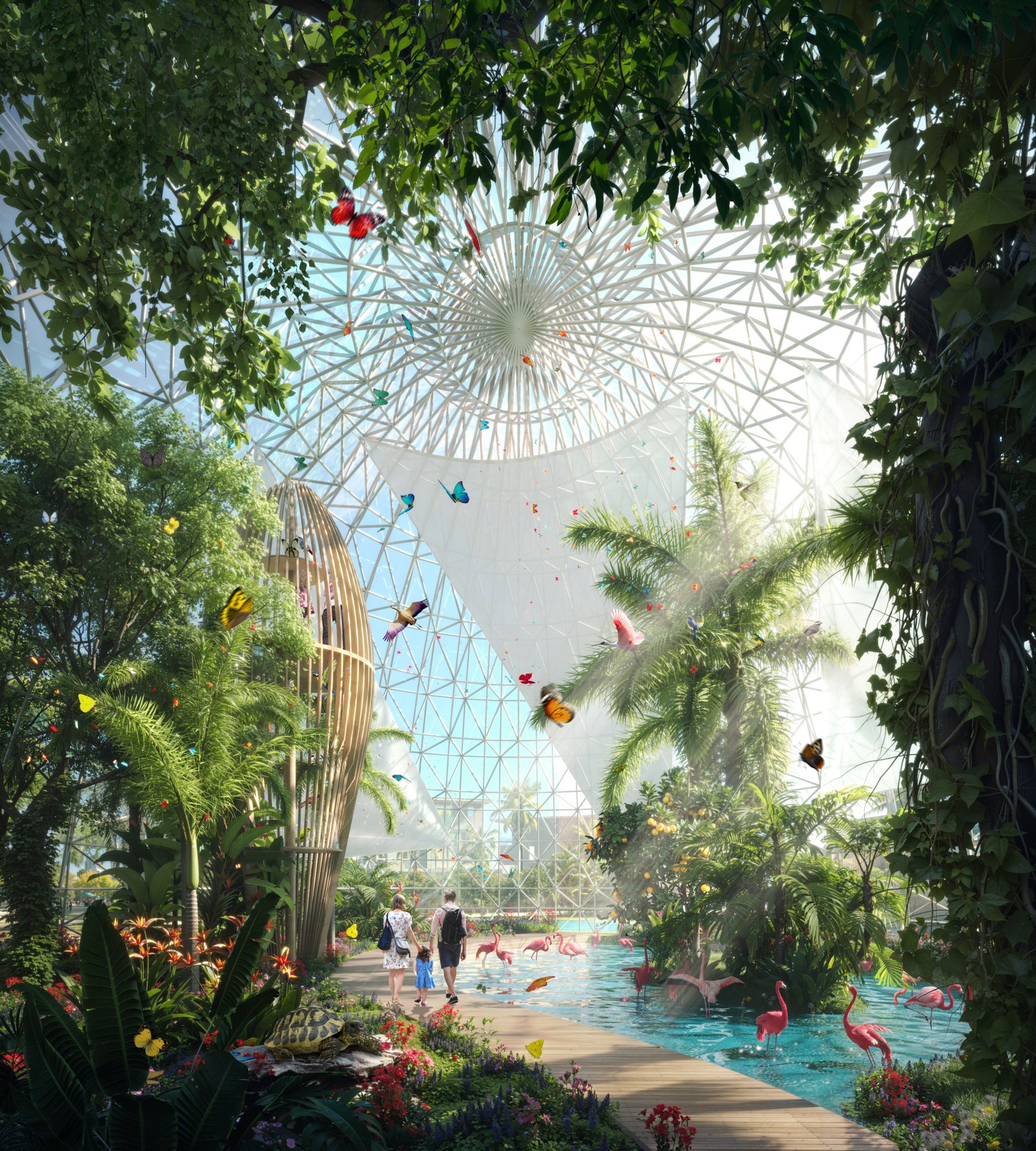 Biodome tropical de Dubai Islands Phase 2 avec végétation luxuriante et bassin intérieur