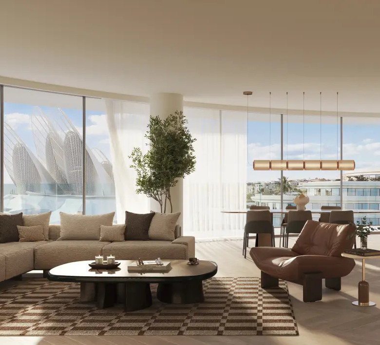 Salon haut de gamme avec vue sur le musée de Saadiyat depuis The Row