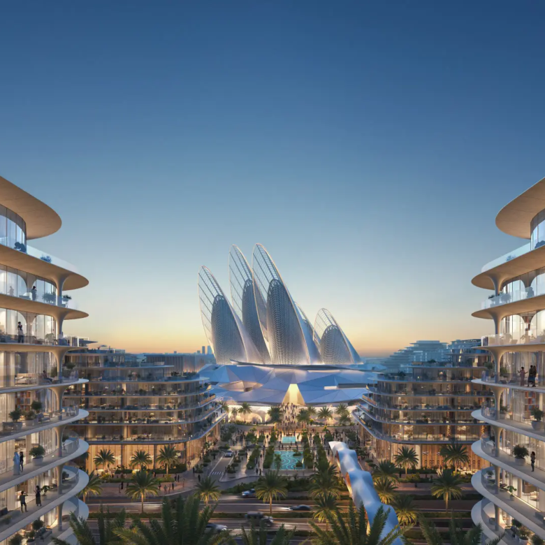 Façade moderne de The Row Saadiyat avec vue sur le Guggenheim Abu Dhabi