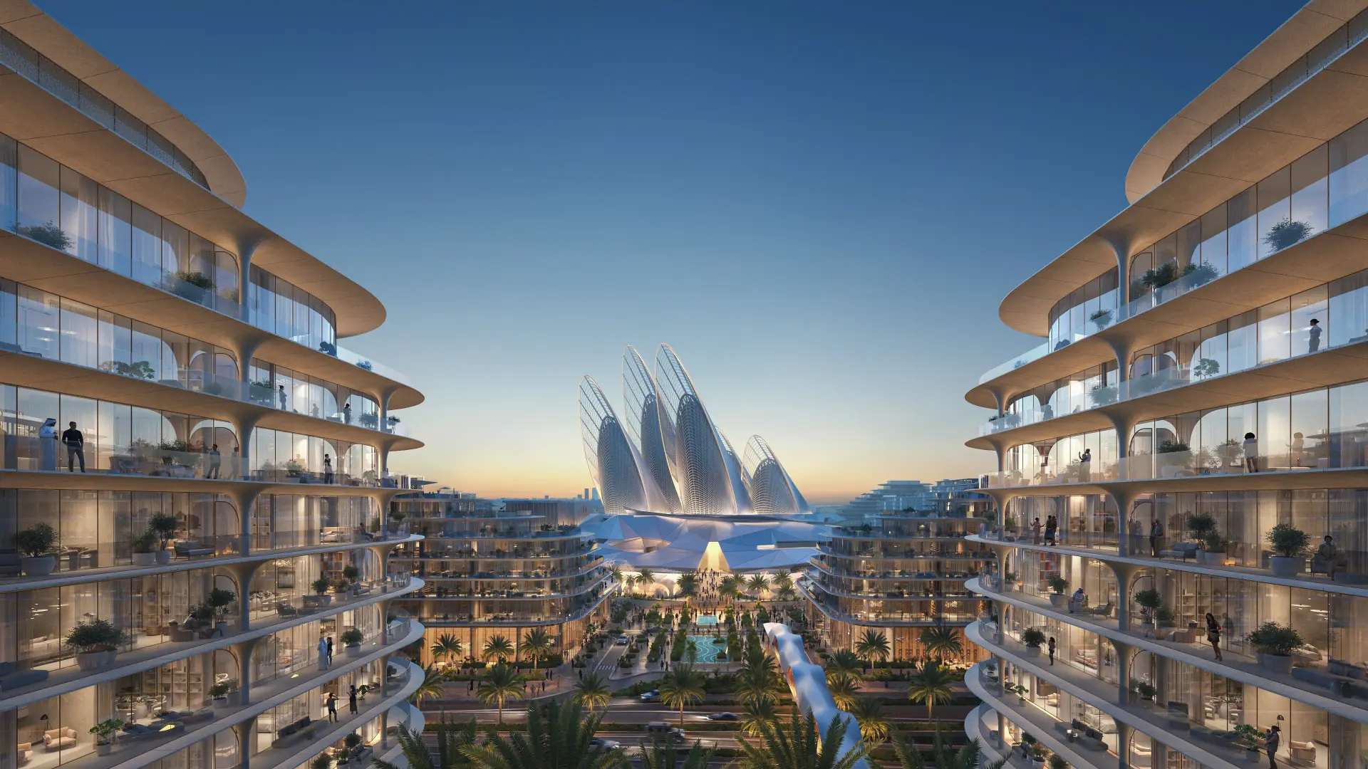 Façade moderne de The Row Saadiyat avec vue sur le Guggenheim Abu Dhabi