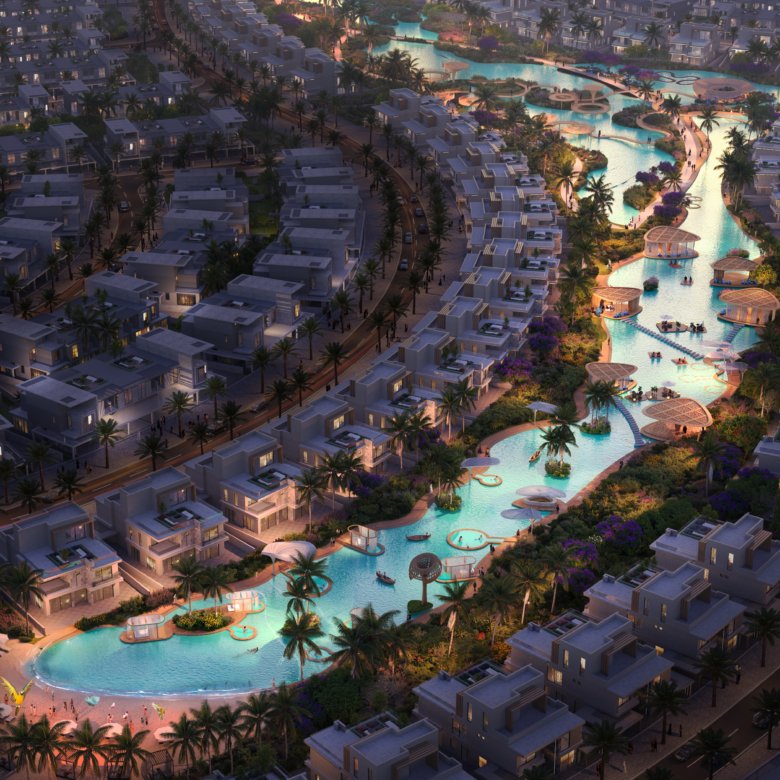 Vue nocturne des villas autour du lagoon à Dubai Islands Phase 2