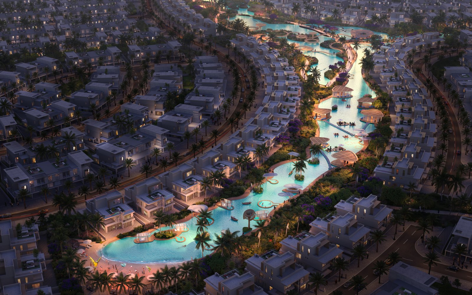 Vue nocturne des villas autour du lagoon à Dubai Islands Phase 2