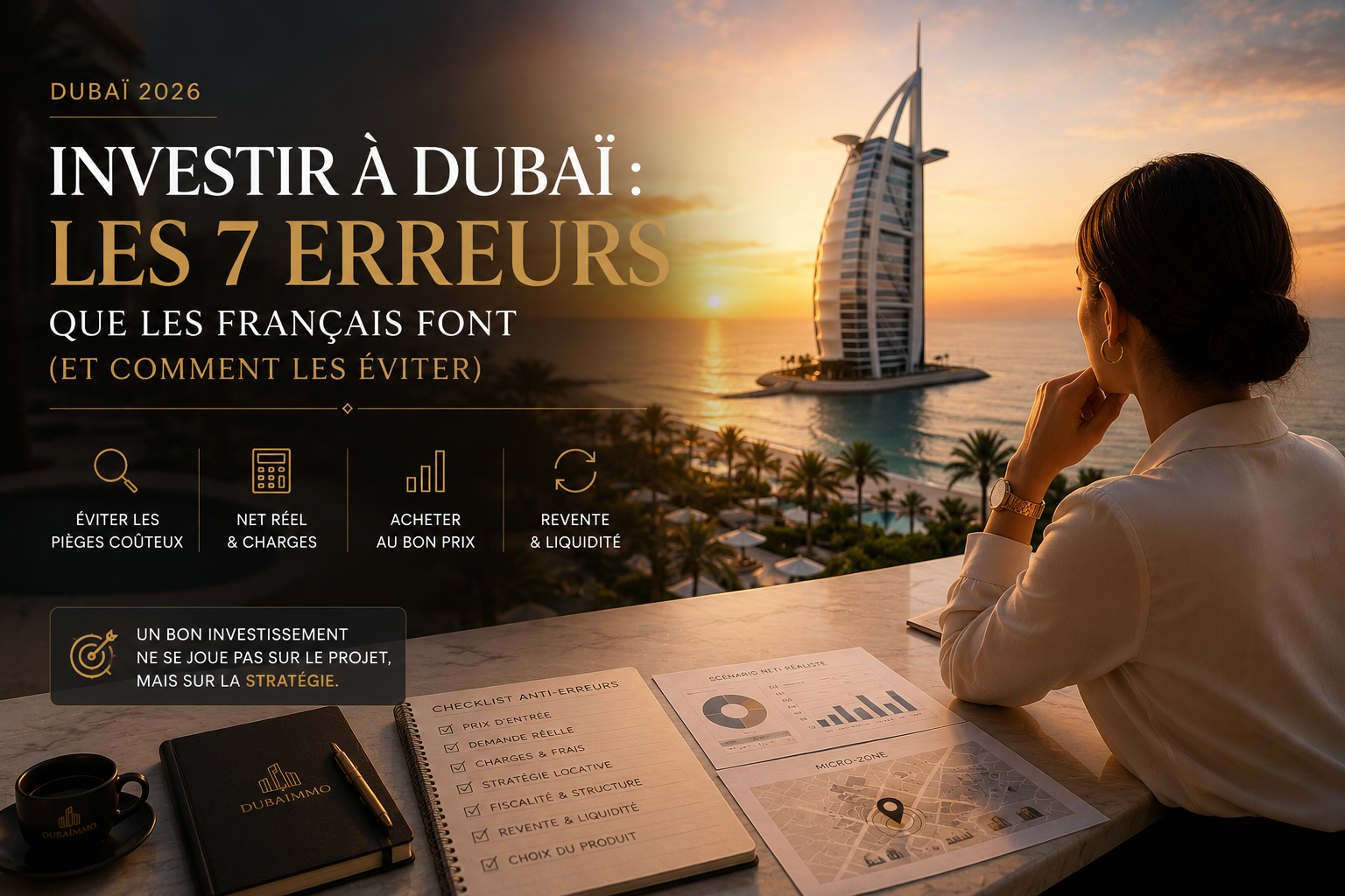 Investisseuse francophone analysant un projet immobilier face au Burj Al Arab à Dubaï au coucher du soleil avec stratégie d’investissement et analyse des erreurs à éviter.