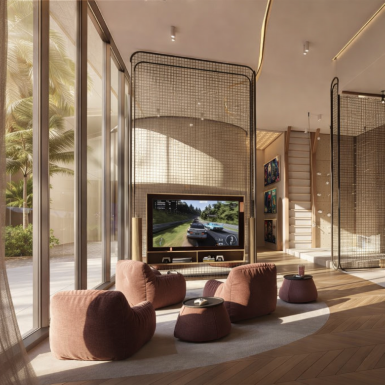 Espace lounge et divertissement résidentiel à The Row Saadiyat, avec vue jardin et équipements premium