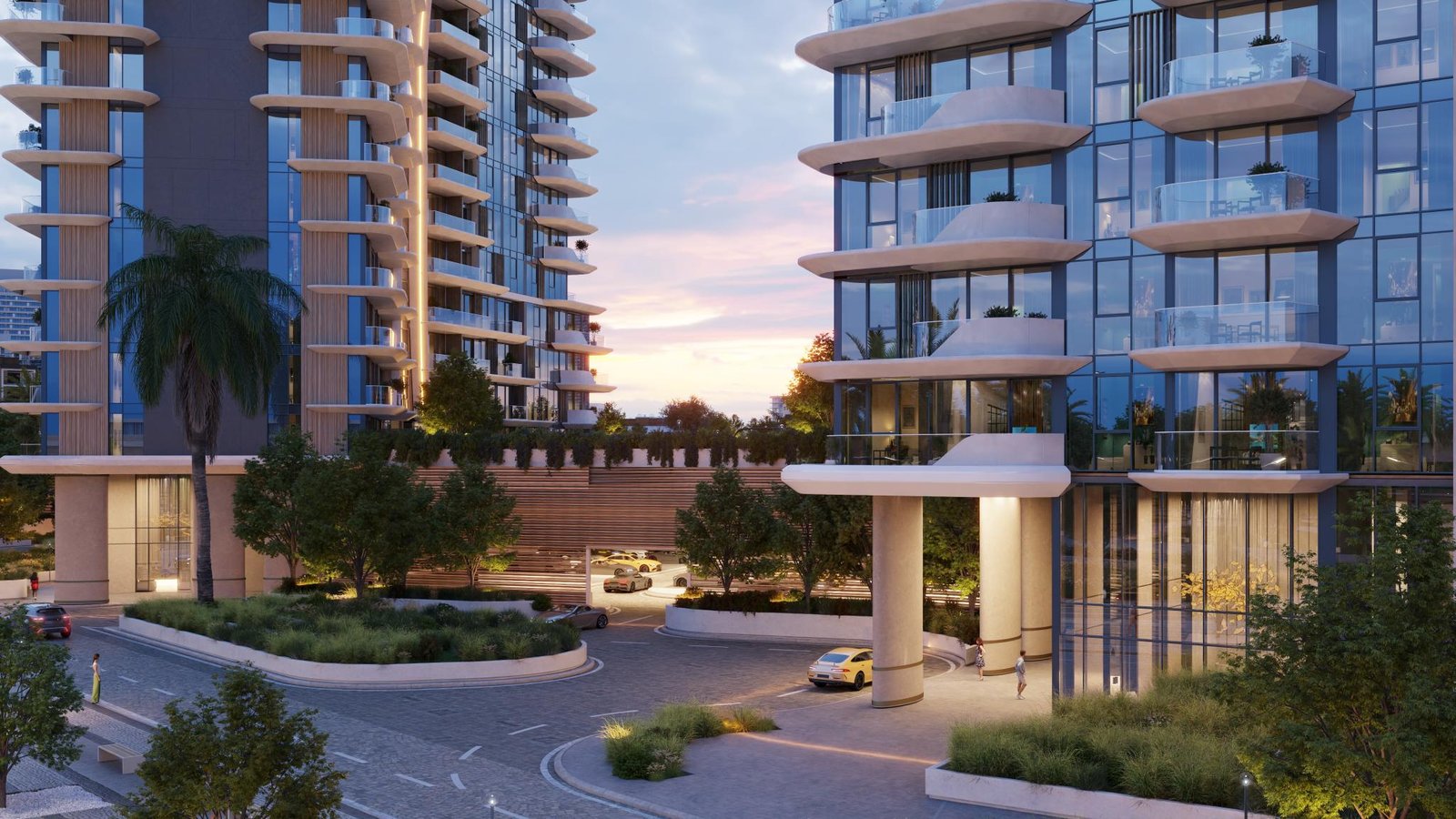 Entrée résidentielle de Portside by Ellington à Mina Rashid avec façade moderne et jardins paysagers