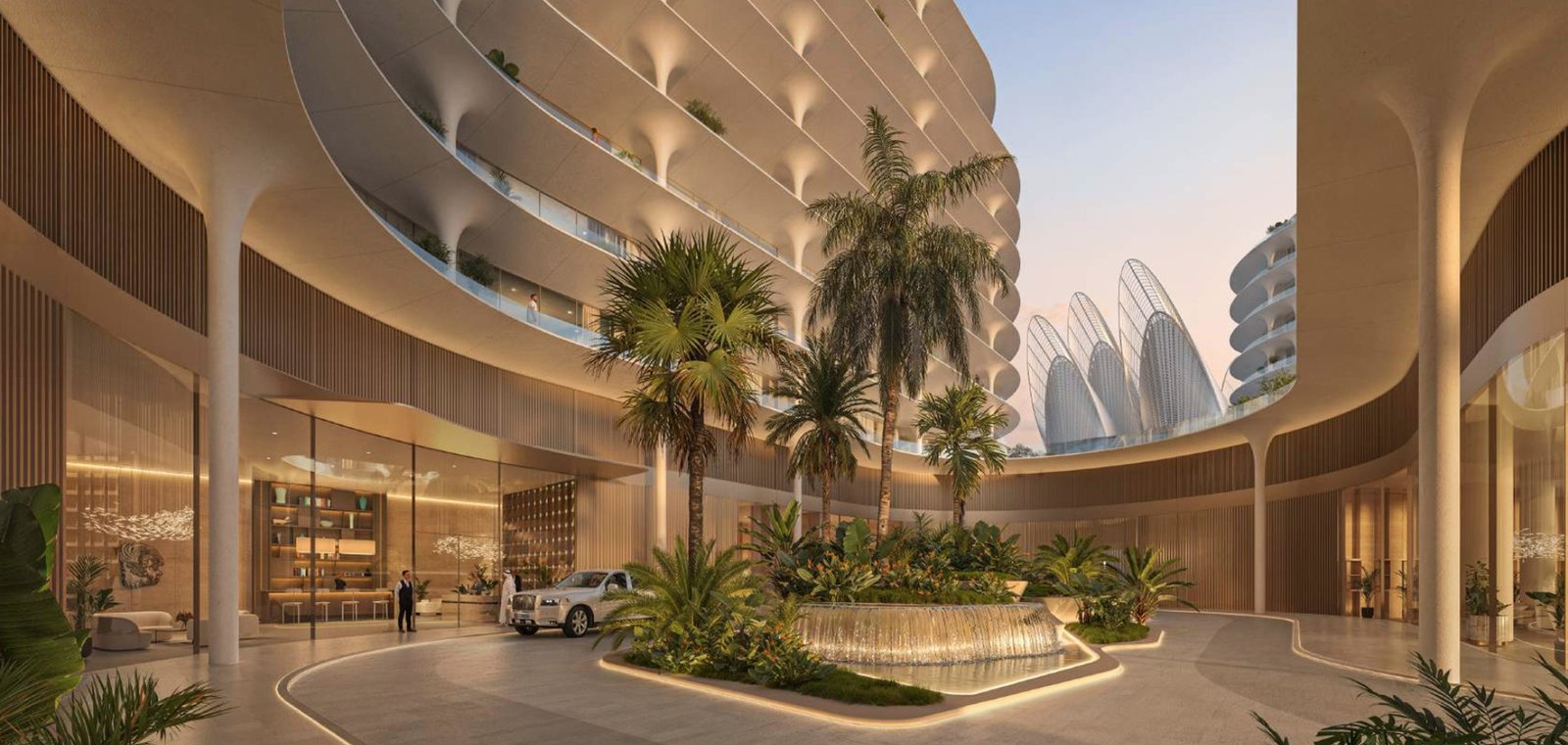 Cour intérieure et lobby premium du projet The Row Saadiyat par Aldar, au cœur du Saadiyat Cultural District à Abu Dhabi