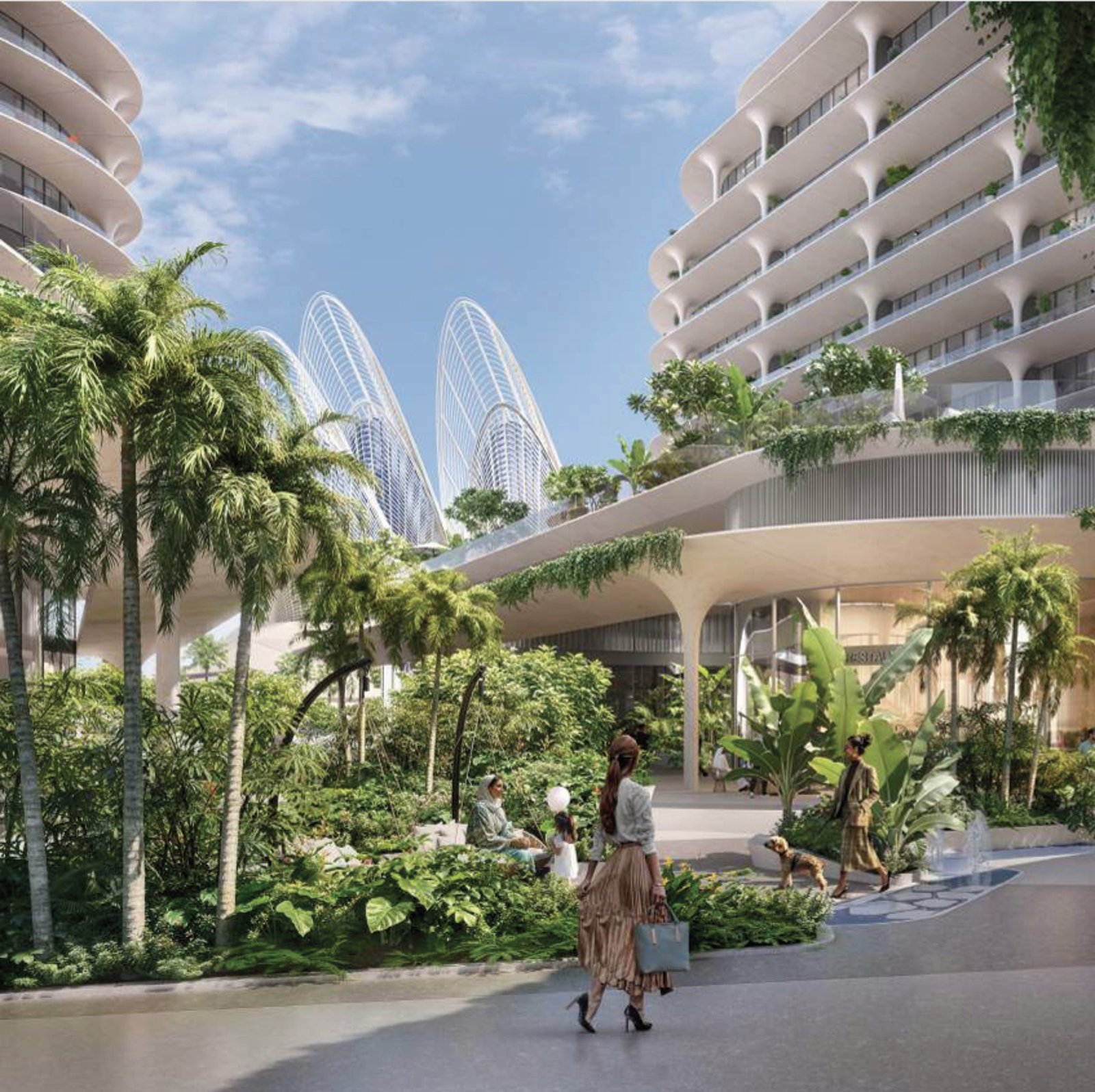 Jardins et espaces piétons du projet The Row Saadiyat au Saadiyat Cultural District Abu Dhabi