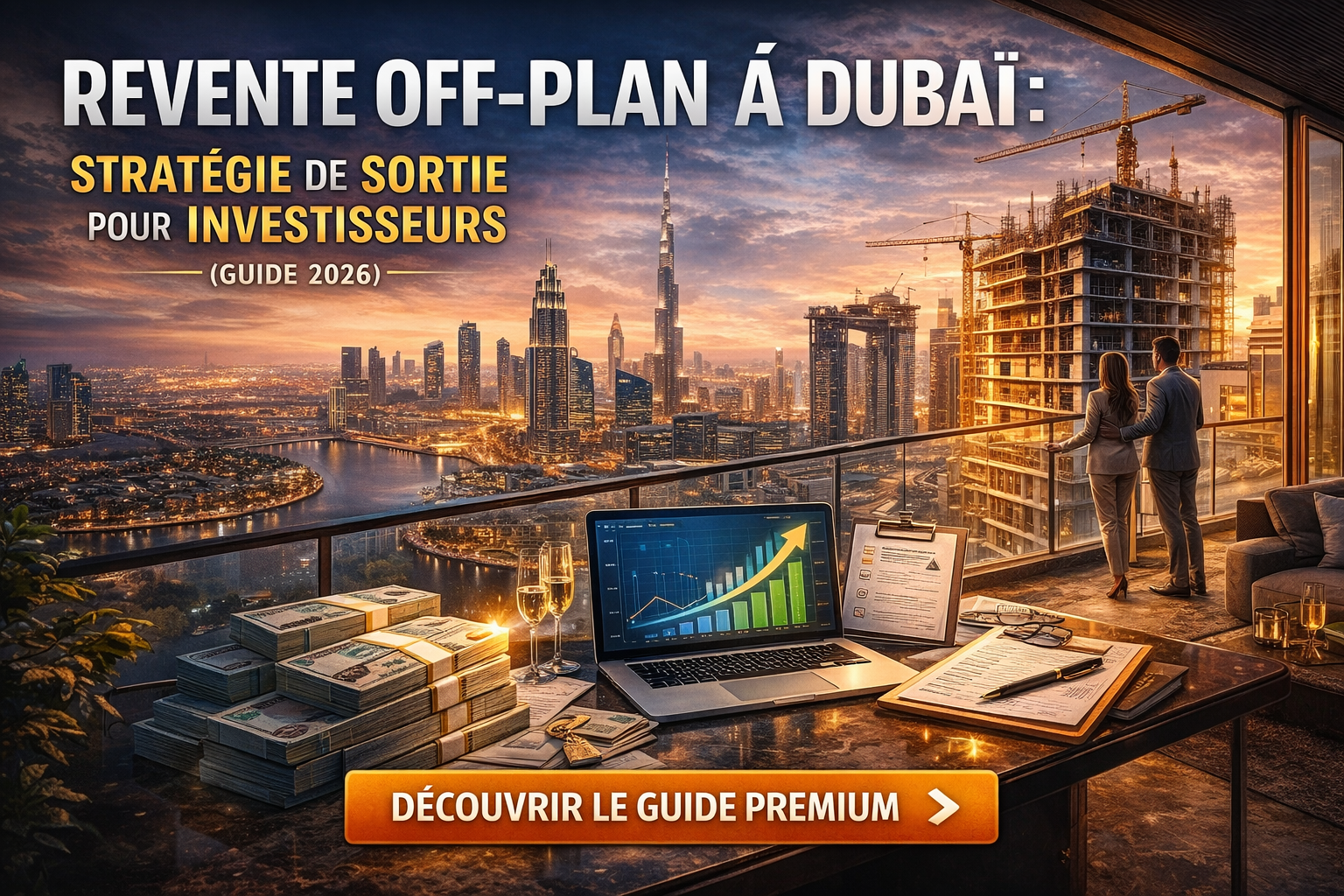 Revente off plan à Dubaï – stratégie de sortie pour investisseurs avec skyline de Dubai et immeuble en construction
