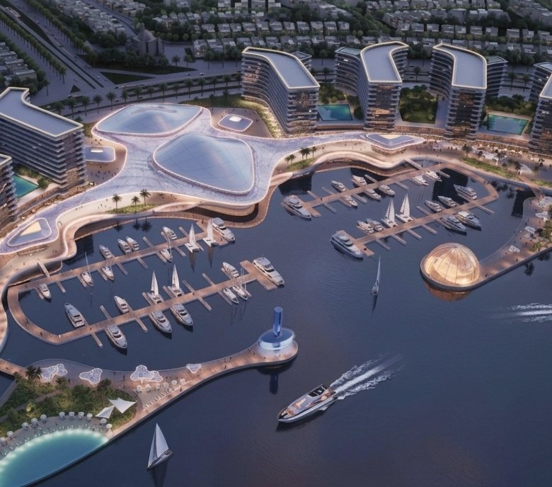 Sobha City Abu Dhabi marina waterfront avec yachts et résidences premium vue aérienne