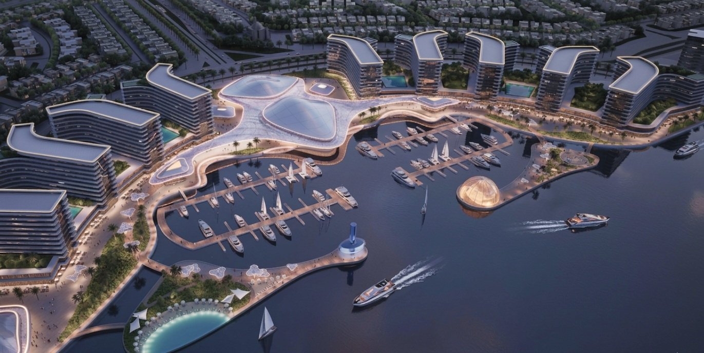 Sobha City Abu Dhabi marina waterfront avec yachts et résidences premium vue aérienne