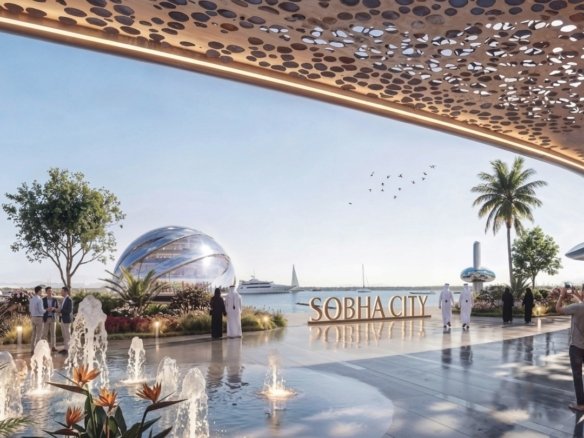 Sobha City Abu Dhabi waterfront promenade avec marina, espaces verts et architecture premium