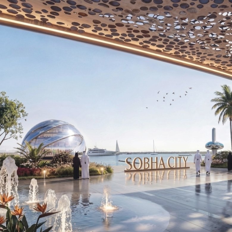 Sobha City Abu Dhabi waterfront promenade avec marina, espaces verts et architecture premium