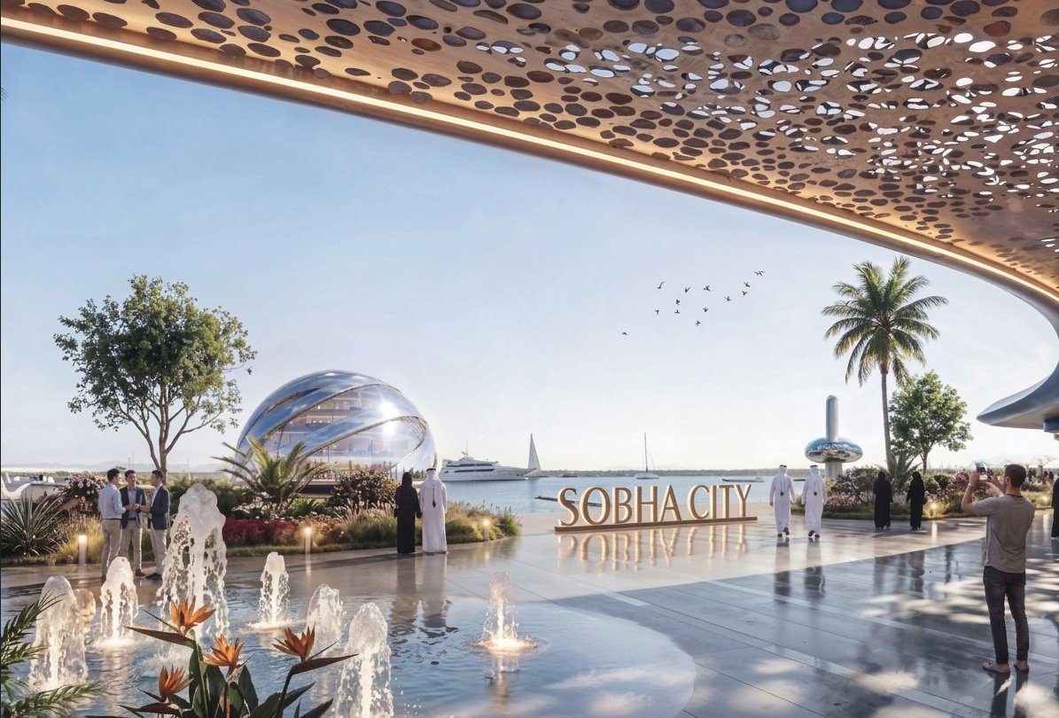 Sobha City Abu Dhabi waterfront promenade avec marina, espaces verts et architecture premium