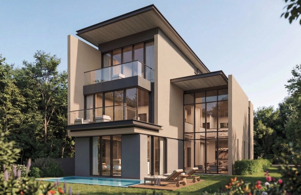 Sobha City Abu Dhabi villa contemporaine avec architecture moderne et grandes baies vitrées