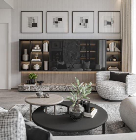 Salon design appartement The Central Uptown Arjan Dubaï intérieur haut de gamme investissement locatif Aqua Developments