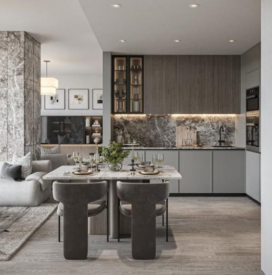 Cuisine ouverte appartement The Central Uptown Arjan Dubaï intérieur moderne investissement locatif Aqua Developments